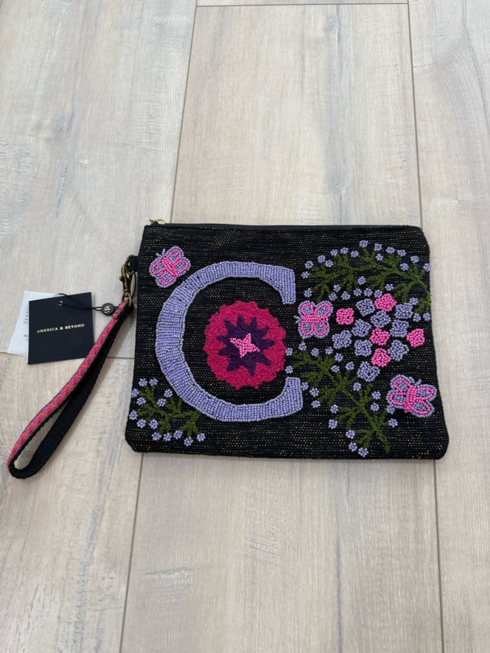 America & Beyond Beaded Wristlet Clutch with Lavender C Motif